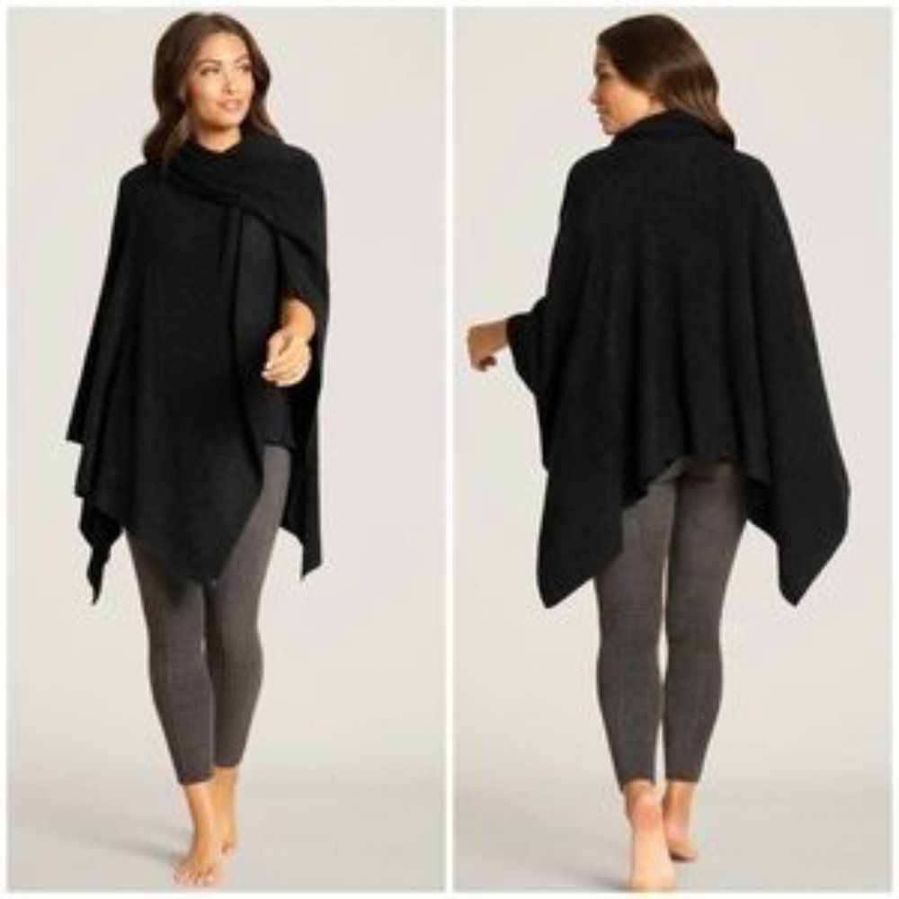 Barefoot Dreams Wide Rib Travel Wrap Black Turtleneck Poncho Cozychic Lite